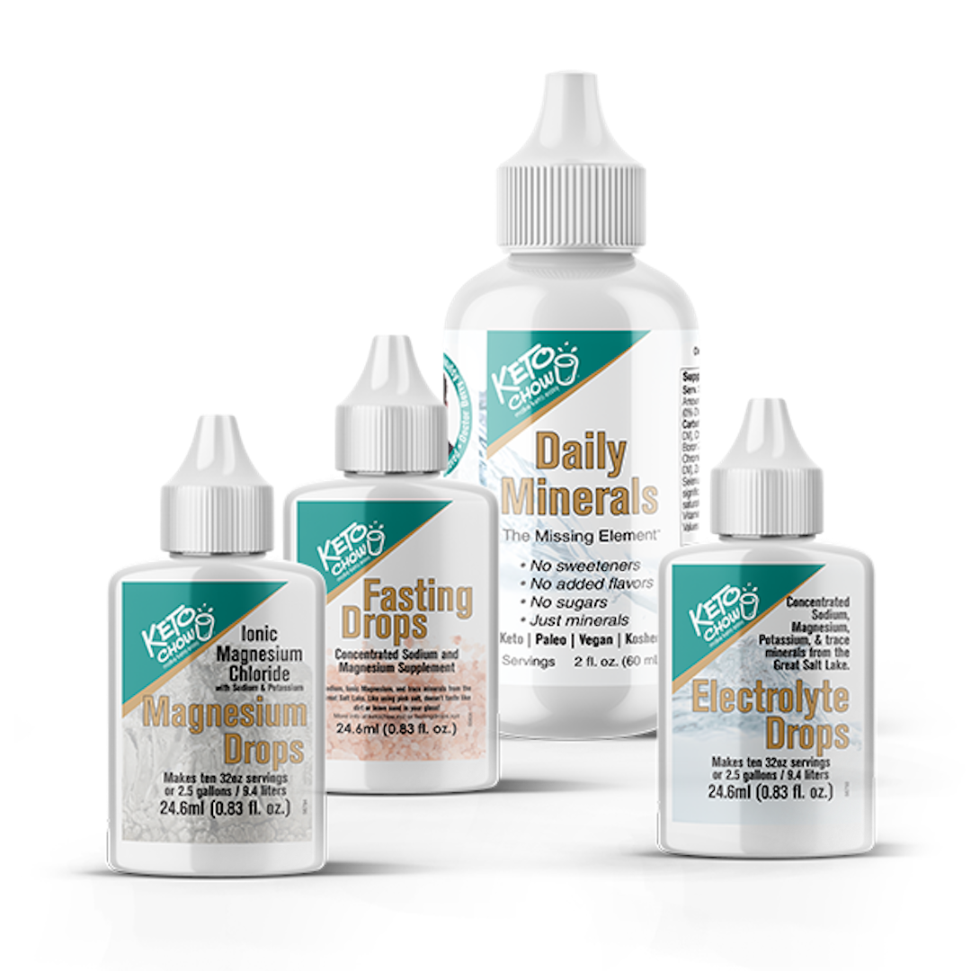 Travel sizes of Keto Chow Daily Minerals, Fasting Drops, Magnesium Drops, Electrolyte Drops