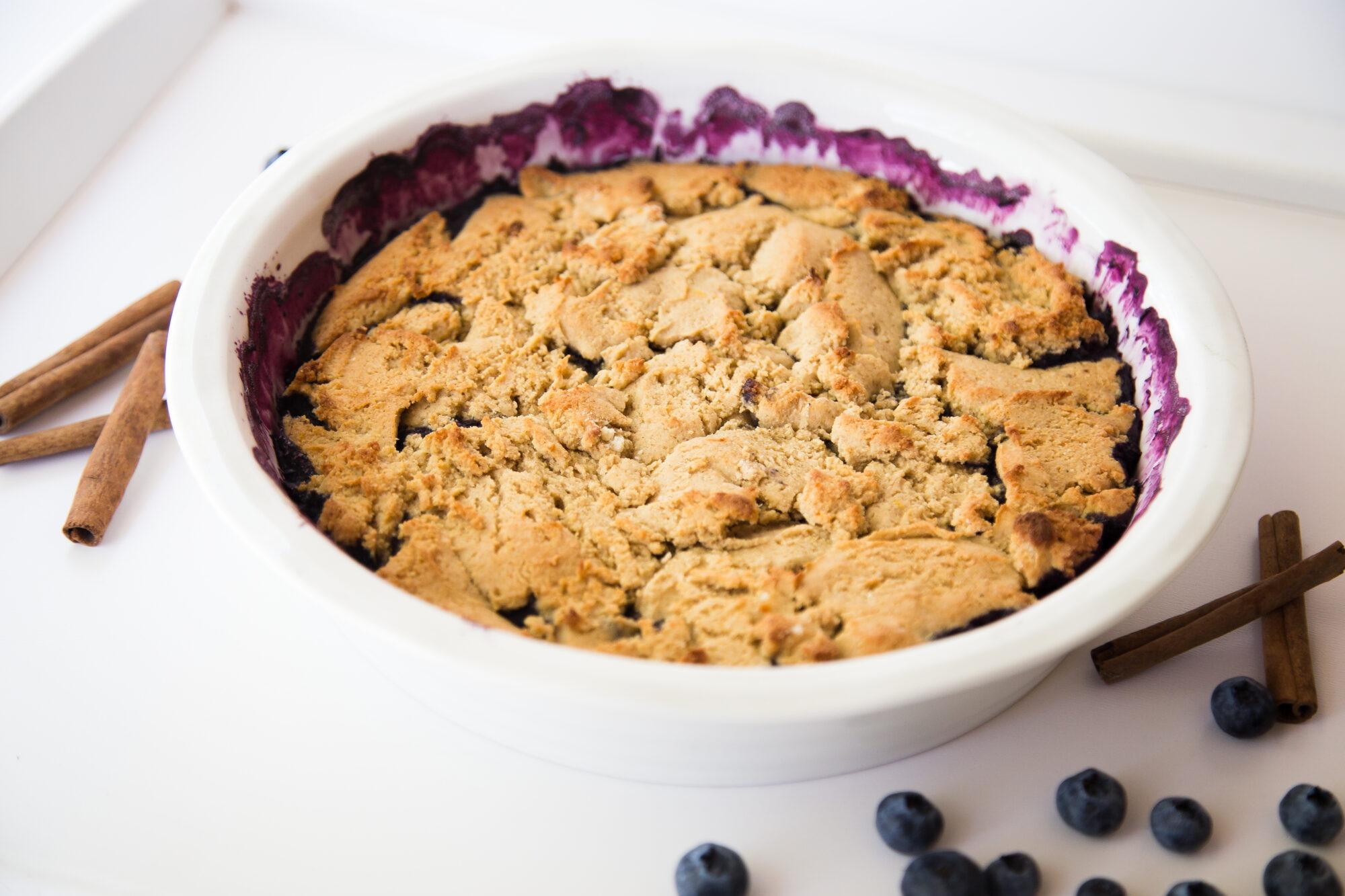 Dish with blueberry cobbler