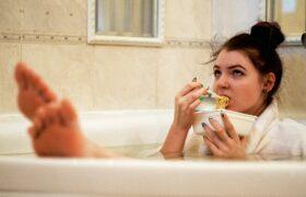 eating noodles in bath tub