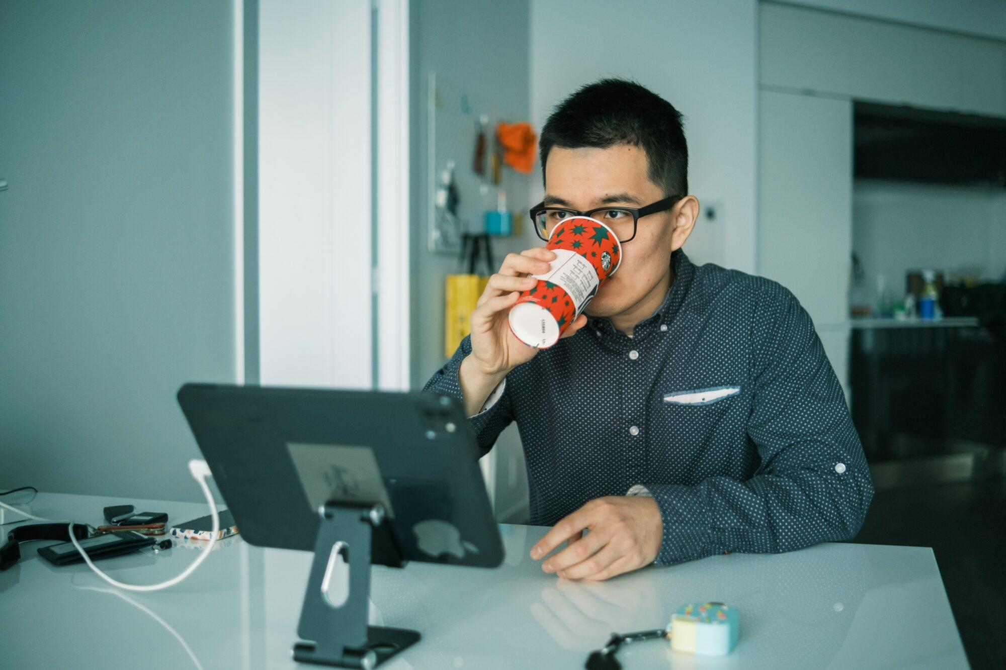 drinking coffee at work